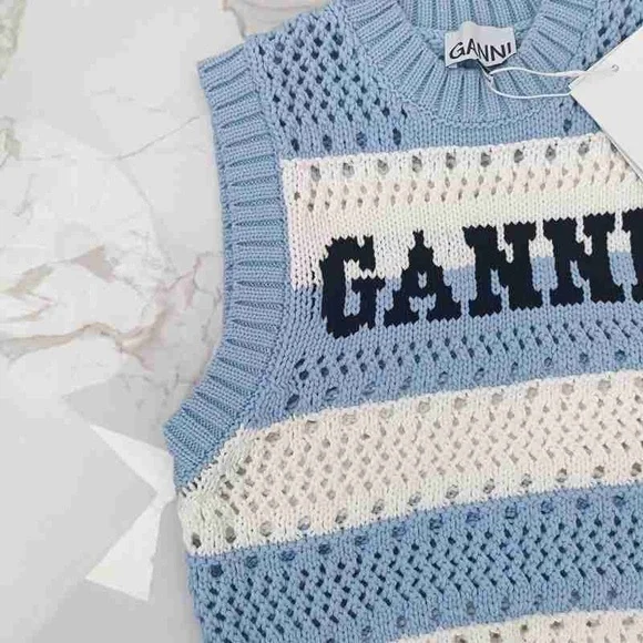Ganni Women's Blue and Cream Crewneck Sweater Vest - Picture 3 of 5